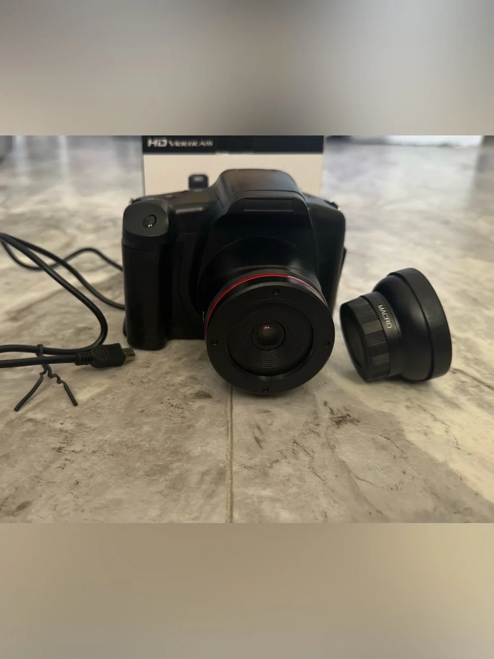 Black Digital Camera/Video with Detachable Macro Lens and USB Cable